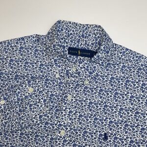 Polo Ralph Lauren Shirt Mens Large White Blue Floral All Over Print Classic Pony